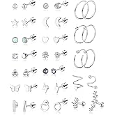 PLOMFOV 20G Stainless Steel Stud Earrings for Women Multipack Cartilage Earring for Men Ball Small CZ Heart Flower Star Flat Back Earrings Helix Piercing Jewelry