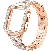 Rhinestones Encrusted Metal Bracelet and Case, Compatible with Apple Watch Bands 38mm-49mm (Series 10/1/SE/Ultra 2)- Bling Gold Women's Jewelry Strap, Luxury iWatch Bracelet with Screen Protector