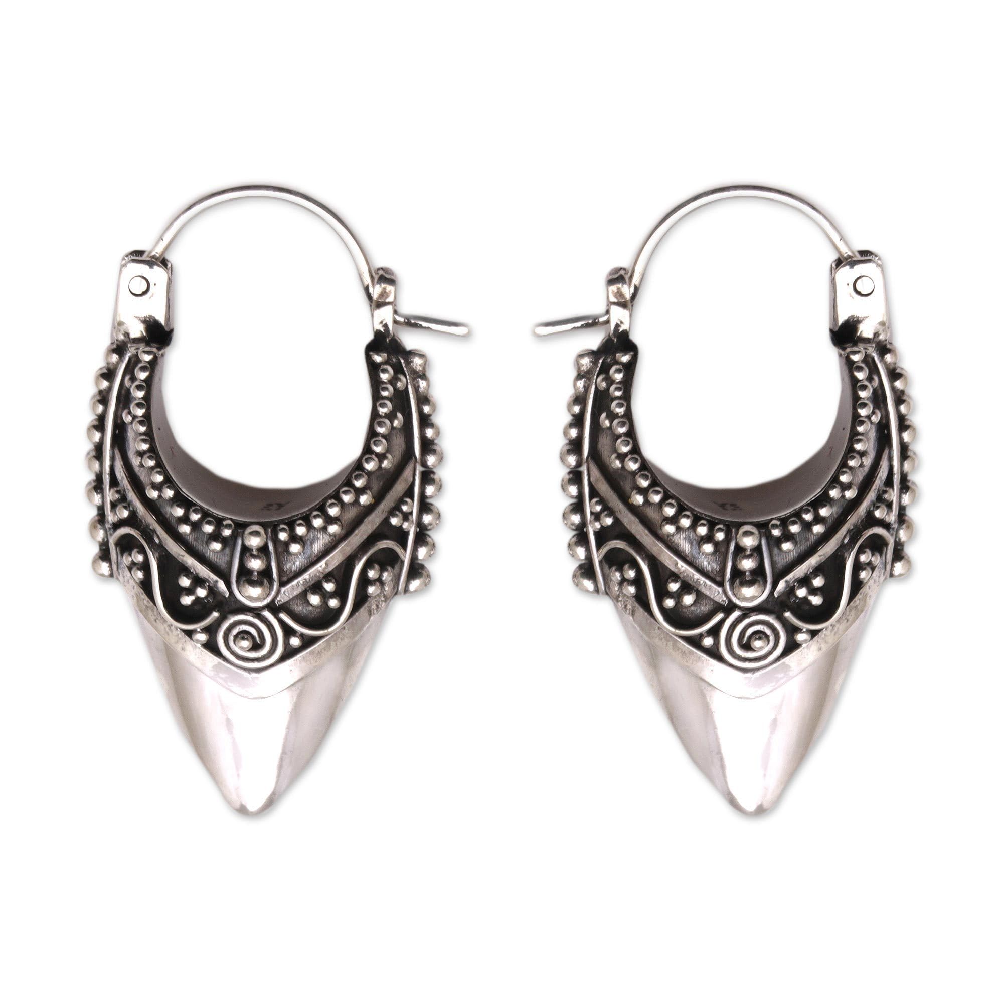NOVICA Artisan Handmade .925 Sterling Silver Hoop Earrings Ornate Balinese Indonesia 'Bali Origin'