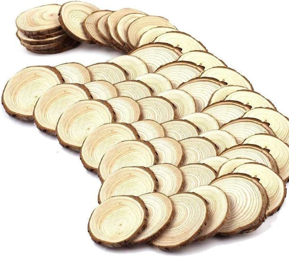 Fuhaieec 50pcs 2.4-2.8" (Thickness 0.42") Unfinished Natural Wood Circles with Tree Bark Log Discs for DIY Craft Christmas Rustic Wedding Ornaments (50pcs)