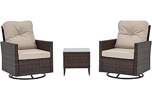 AVAWING 3 Pieces Patio Furniture Set, Wicker Swivel Rocking Chairs with Tempered Glass Side Table, Patio Conversation Set w/Waterproof Cushions for Garden, Balcony and Porch, Beige