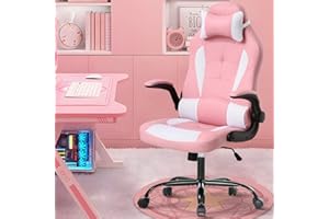 DKELI Pink Gaming Chair for Girls & Adults - Ergonomic High Back Office Desk Chair with Adjustable Lumbar Support, Flip-Up Arms & Headrest - PU Leather Swivel Computer Task Chair for Kids & Teens