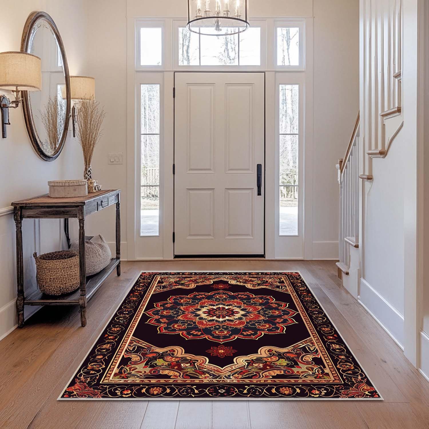 Photo 1 of 4x6 Rug Boho Black Red Vintage Oriental Area Rug Bedroom Ultra-Thin Soft Low Pile Large Carpet Living Room Non Slip Dining Room Office Stain Resistant Washable Machine