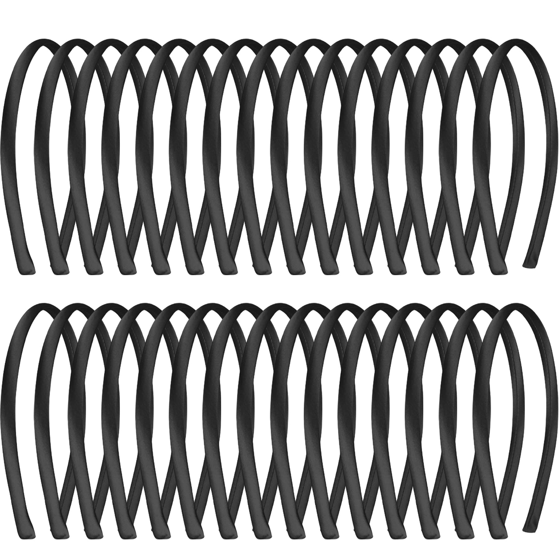 Duufin 30 Pieces Satin Headbands 1cm DIY Plain Headband Satin Covered Headband for Girls and Women, Black