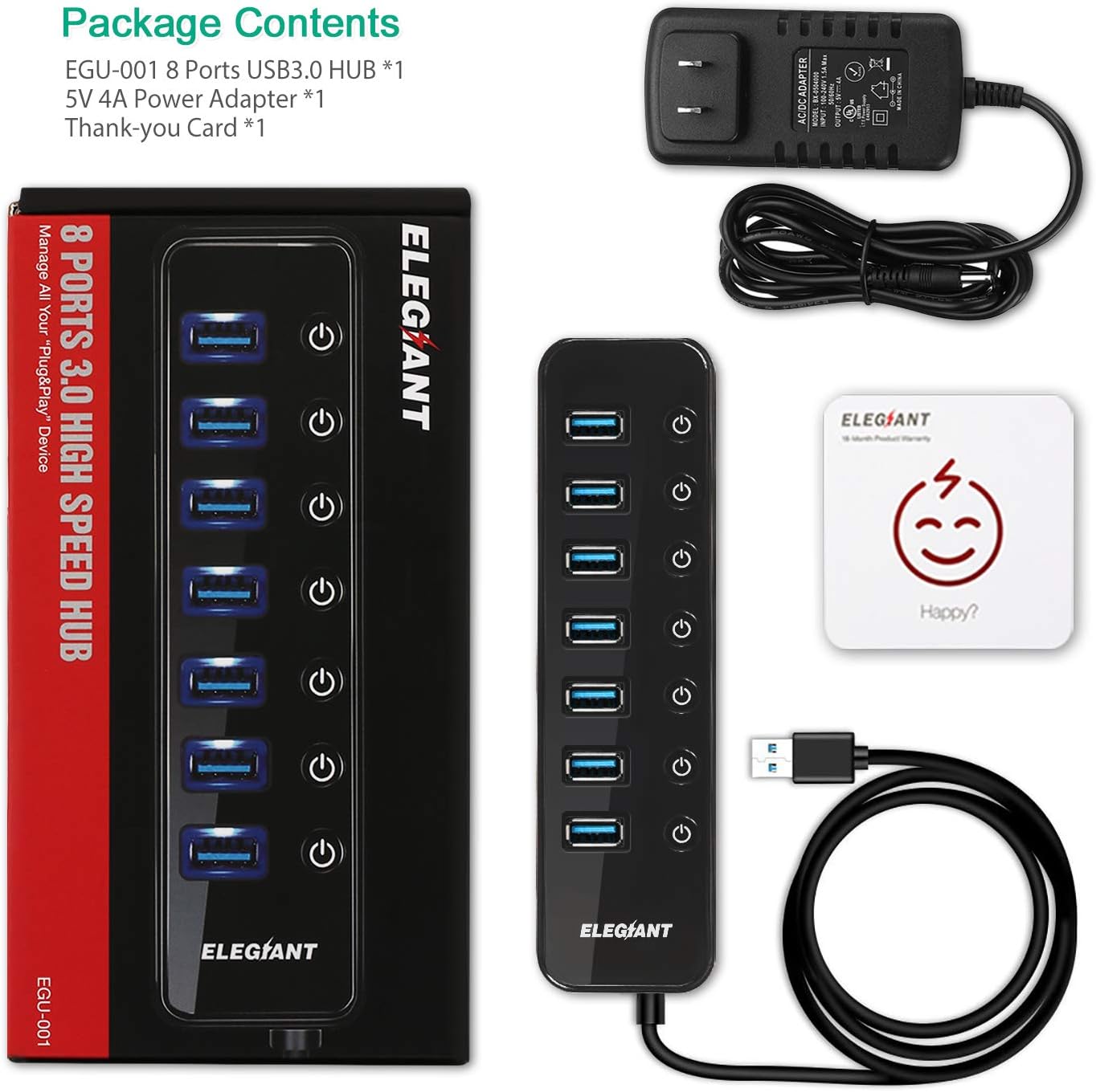 USB Hub 3.0, ELEGIANT 8 Port High Speed USB Hub, 7 Data Transfer Port and a 2.4A Charging Port with Separated Switches and Lights for Computers iPhone iPad MacBook Laptop PC Mobile with Power Adapter: Computers & Accessories