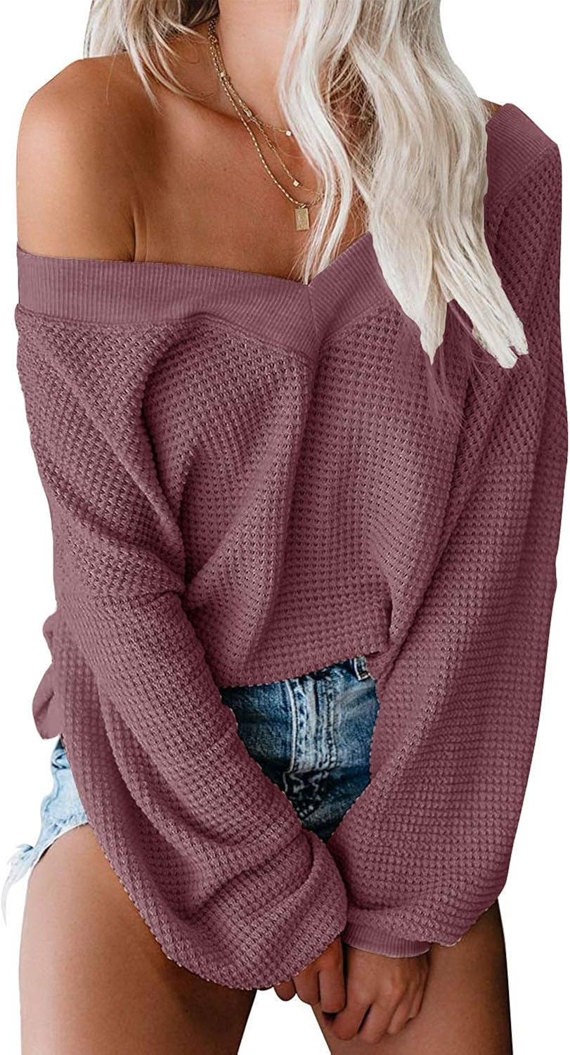 ReachMe Women's Oversized Off Shoulder Pullover Tops Long Sleeve Loose Fit Waffle Knit Tops at  Women’s Clothing store
