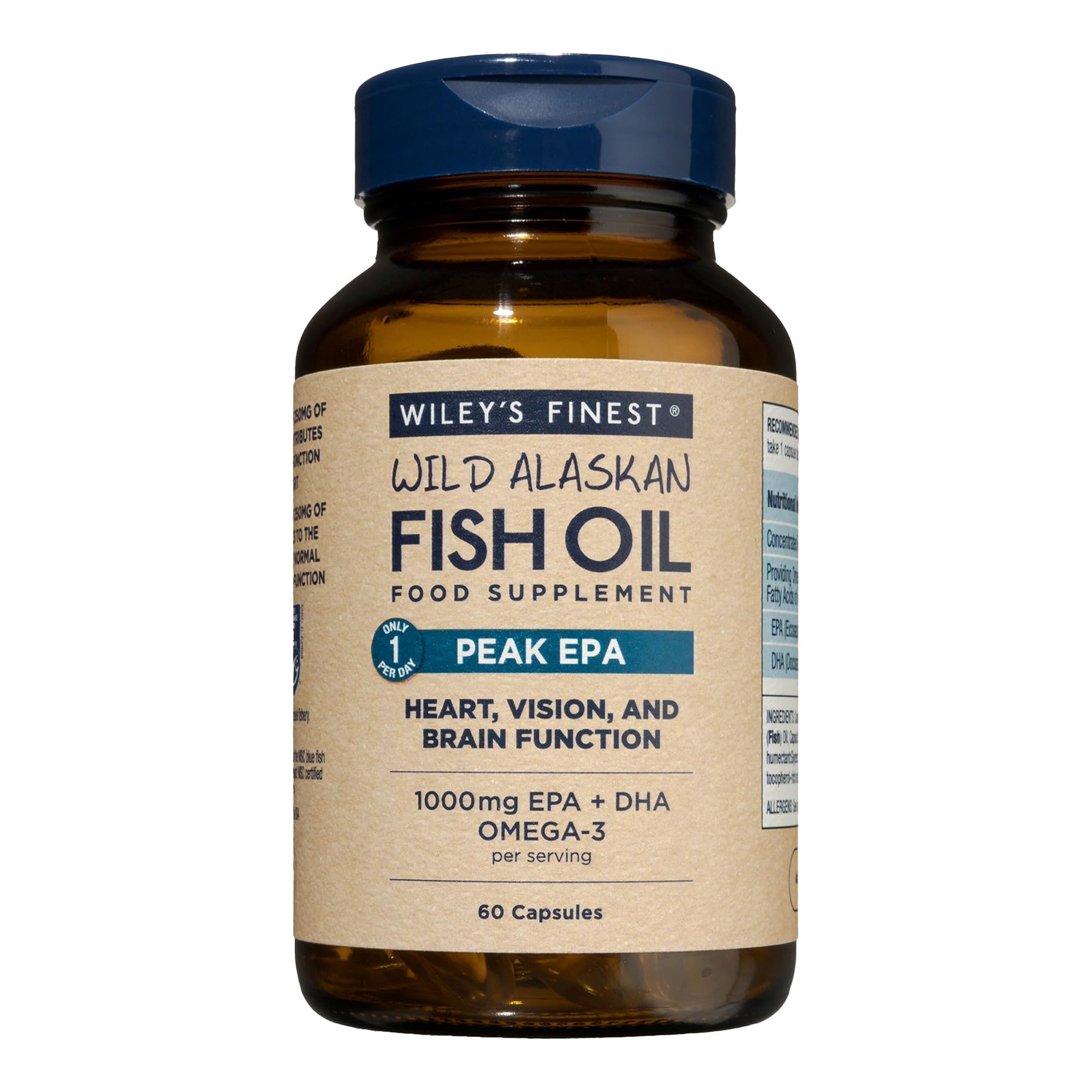 Wiley's Finest Wild Alaskan Fish Oil Peak EPA - Triple Strength Peak EPA and DHA - 1000mg Omega-3s, SQF-Certified - 60 Softgels (60 Servings)