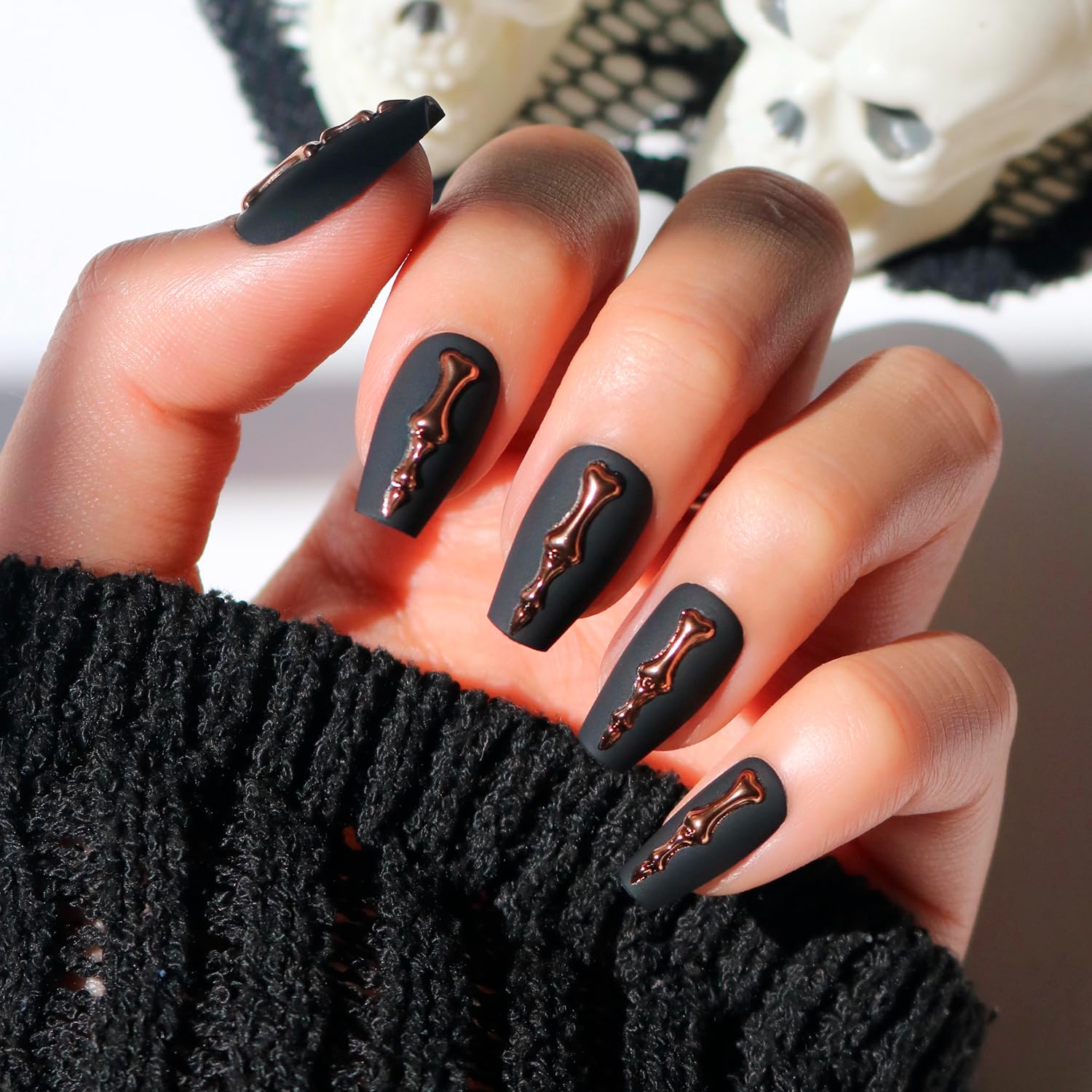 Photo 1 of Glamnetic Press On Nails - Rosy Remains | Charcoal Gray 3D Skeleton Medium Coffin Fake Nails with Matte Finish, Salon Quality Halloween Nails | 15 Sizes - 30 Nail Kit with Glue