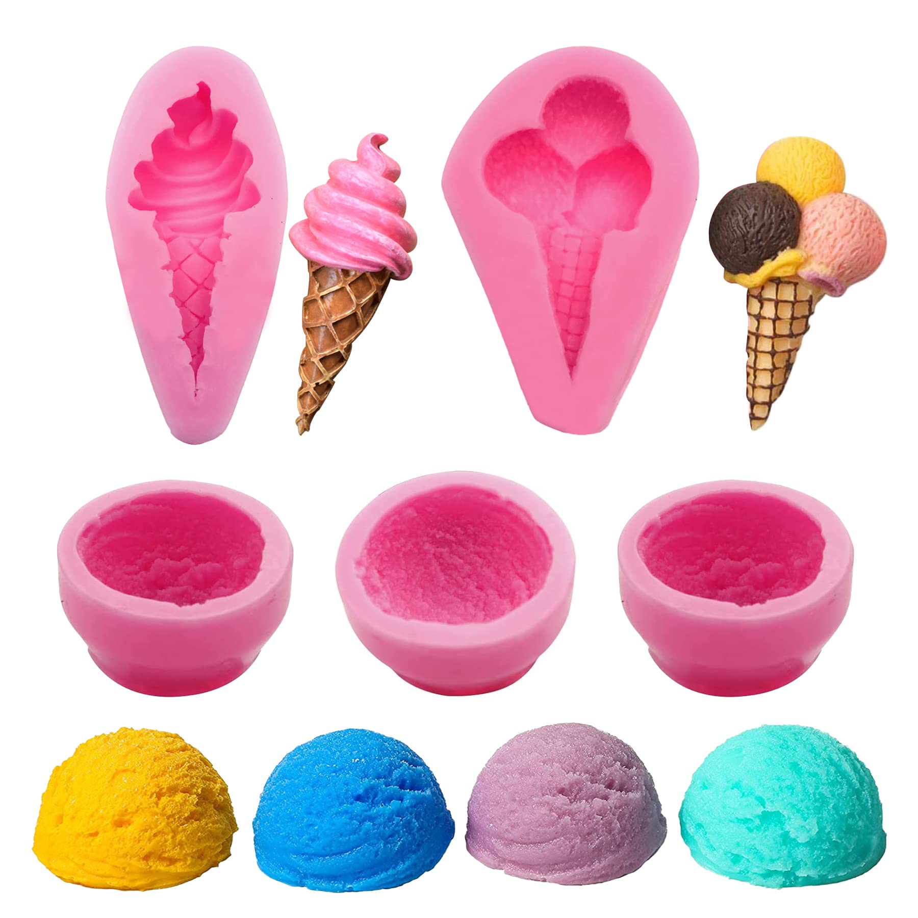 Woohome Silicone 3D Ice Cream Moulds, 5 PCS Ice Cream Ball Shape Moulds Mini Ice Cream Fondant Cake Molds Cookie Pastry Mould for Cake Chocolate Dessert Decor DIY Candle Soap