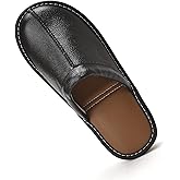 JOOFAN Men’s Genuine Cowhide Leather Slippers, Breathable Leather Soft Smooth Sole Bedroom Flat Shoes House Slippers Indoor Outdoor