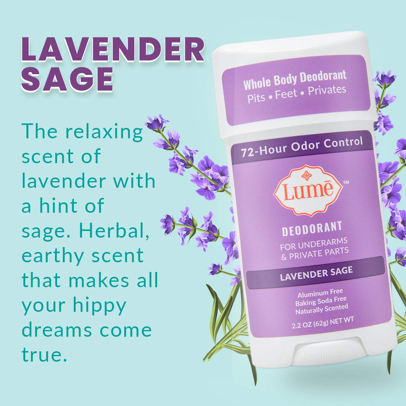 Lume Natural Deodorant - Underarms and Private Parts - Aluminum Free, Baking Soda Free, Hypoallergenic, and Safe For Sensitive Skin - 2.2 Ounce Stick Two-Pack (Lavender Sage) : Beauty