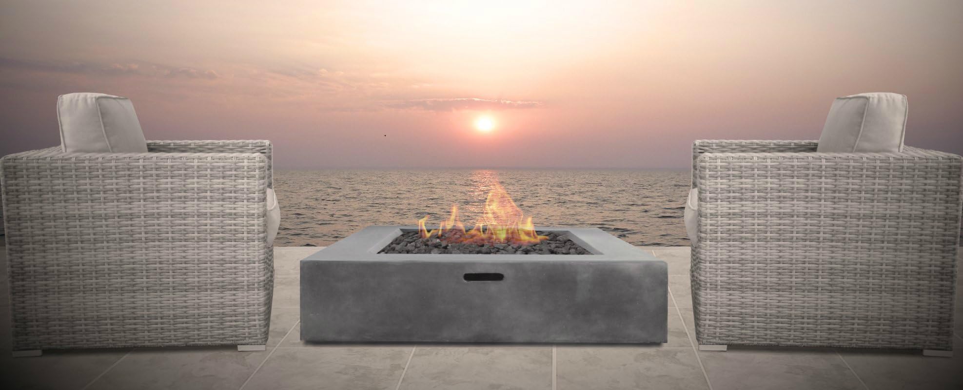 Living Source International Fire Pit Set, Patio Wicker Sofa Set for Garden, Pool, Balcony with Propane Fire Pit [CM-1082] (2 Chair with Fire Pit, Verona Grey)