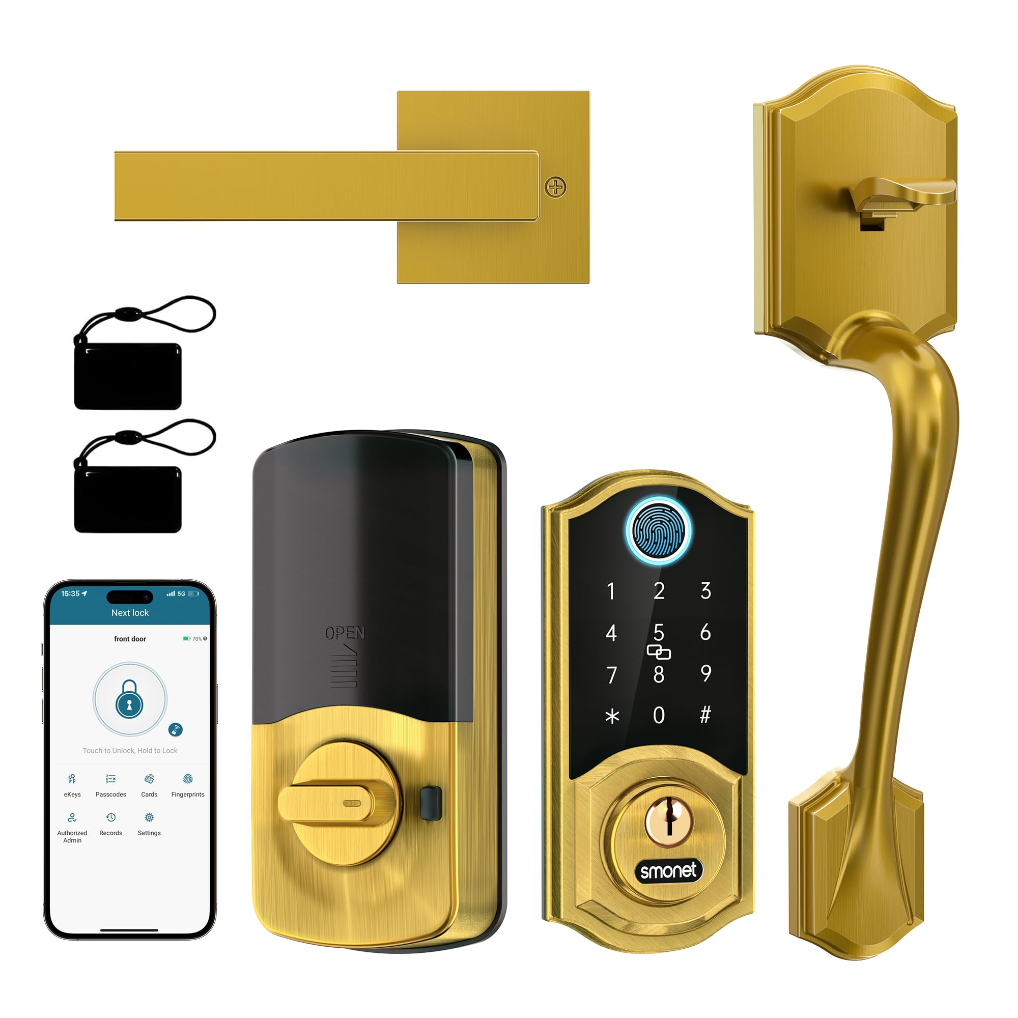 Photo 1 of Smart Locks for Front Door, SMONET Front Door Lock Set Keyless Entry, Keyless Entry Keypad Deadbolt with Handle, Smart Deadbolt Fingerprint Bluetooth Digital Keypad Alexa, Antique Brass