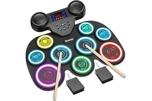 YUOIOYU Electric Drum Set with 7-Color Dynamic LED Lights, 9-Pad Electronic Drum Set with Dual Speakers, Bluetooth MIDI, Portable Practice Drum Pad for Kids & Adult Beginners, Christmas Birthday Gift
