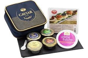 OLMA Supreme Caviar Gift Set - 8 oz (224g) of Caviar, Includes Beluga, Osetra, White Sturgeon, Siberian Osetra Aurora, Serving Spoon & Blinis - Superior Grade Fresh Roe Fish Eggs