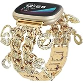 REALSIGN Metal Bands Compatible with Fitbit Versa 4/Versa 3/Sense 2/Sense Band Women,Stylish Cuban Chain Bracelet with Cute Unique Pendants Love Cross Charms Strap