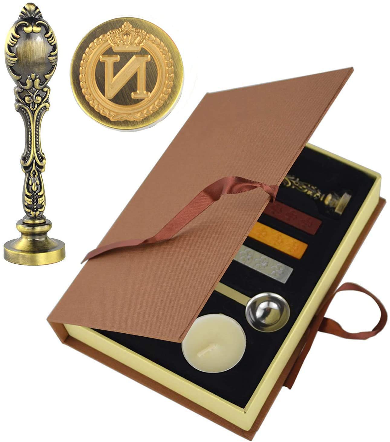 Hexint Vintage Initials Letter Wax Seal Stamp Kit，Retro Classical Sealing Wax Stamp with Metal Handle Gift Box Set Bronze Color(Letter N)
