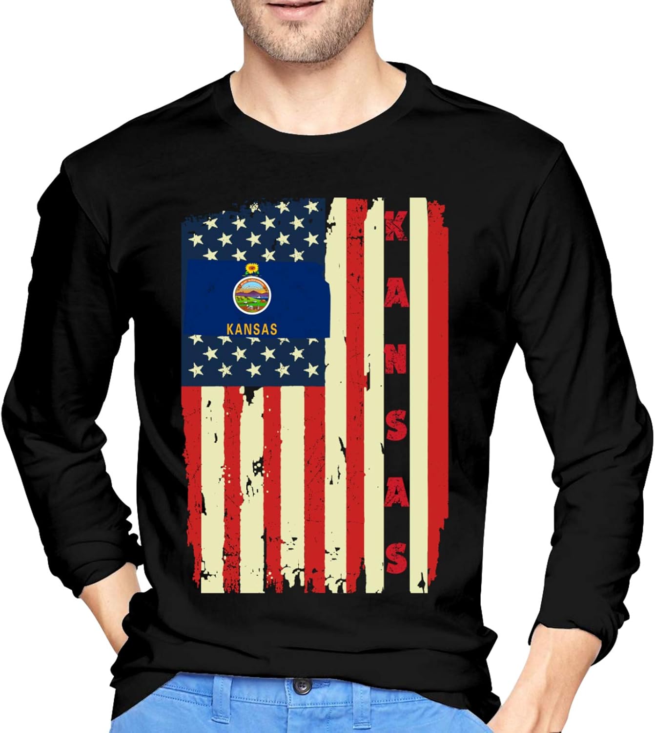 Amazon.com: Omscnkshirt Kansas State American Flag Men's Long Sleeve T-Shirt Cotton Shirts 