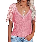 Anna-Kaci Women's Lace Loose Short Sleeve T-Shirt V Neck Cotton Summer Casual Tops Tee Shirts,