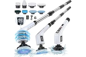 SOUSKY Electric Spin Scrubber, Cleaning Brush Shower Scrubber Cordless Tub and Tile with Battery Display Screen, 8 Brush Heads 140Mins Work Time 3 Speeds 3 Adjustable Rod Long Handle Floor Mop Bathroom Grout