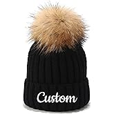 kstomize Personalized Custom Embroidery Text Women Winter Pompom Beanie Hat with Name Kids Baby Boy Girls Warm Child Knit Cap White, One Size