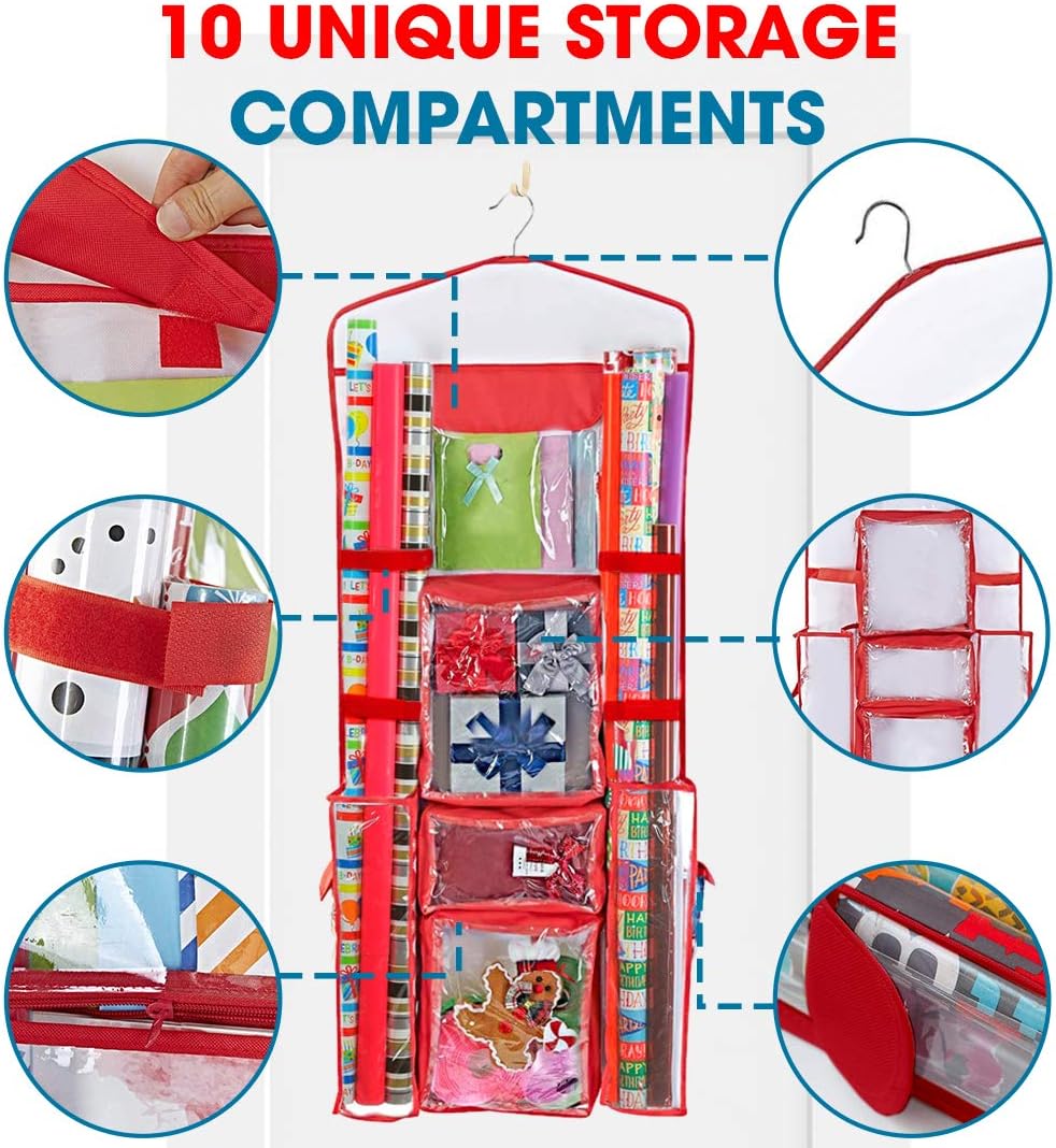 ProPik Hanging Double Sided Wrapping Paper Storage Organizer With Multiple Pockets Organize Your Gift Wrap, Gift Bags Bows Ribbons 40"X17" Fits 40 Inch Rolls Clear PVC Bag (Red): Home & Kitchen