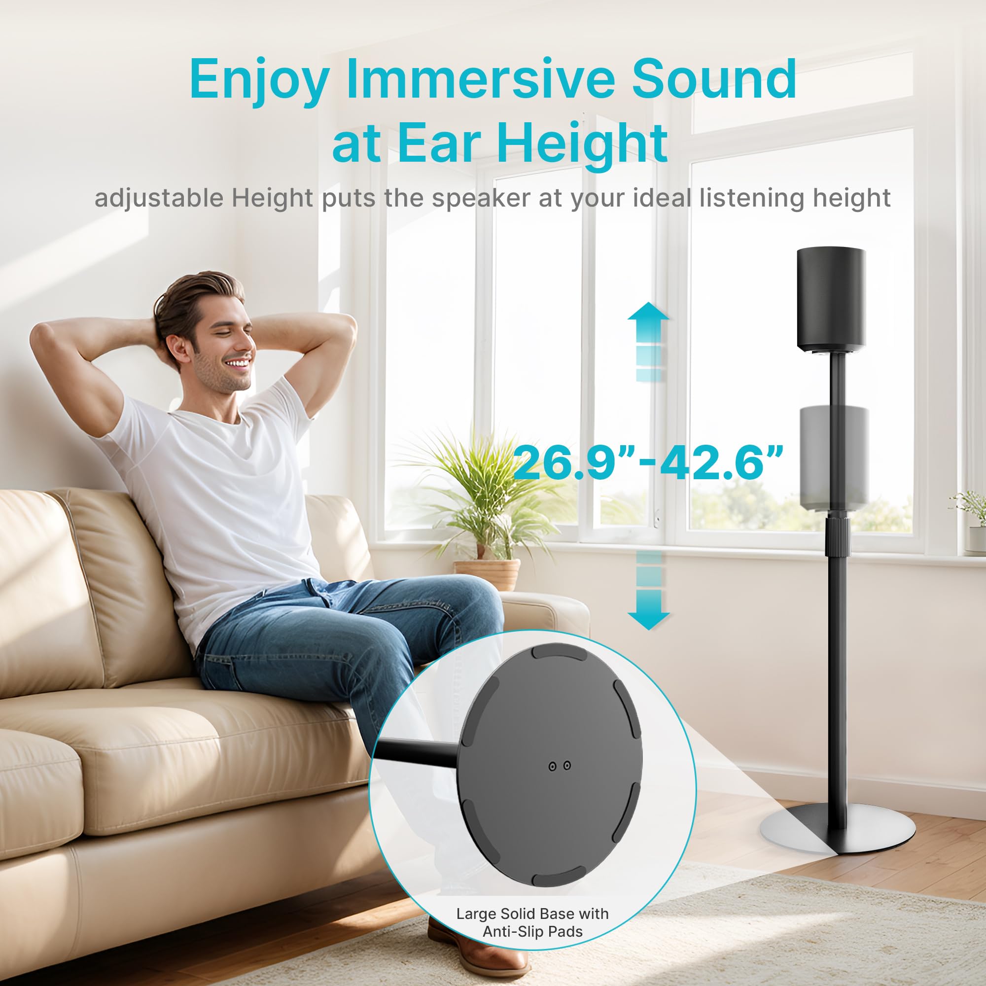 Adjustable Height Speaker Stands Compatible with SONOS Era 300 and Era 100, Height Adjustable up to 42.6'', Floor Stands with Cable Management, Speaker Mount, Black, 2 Pack (Pair)