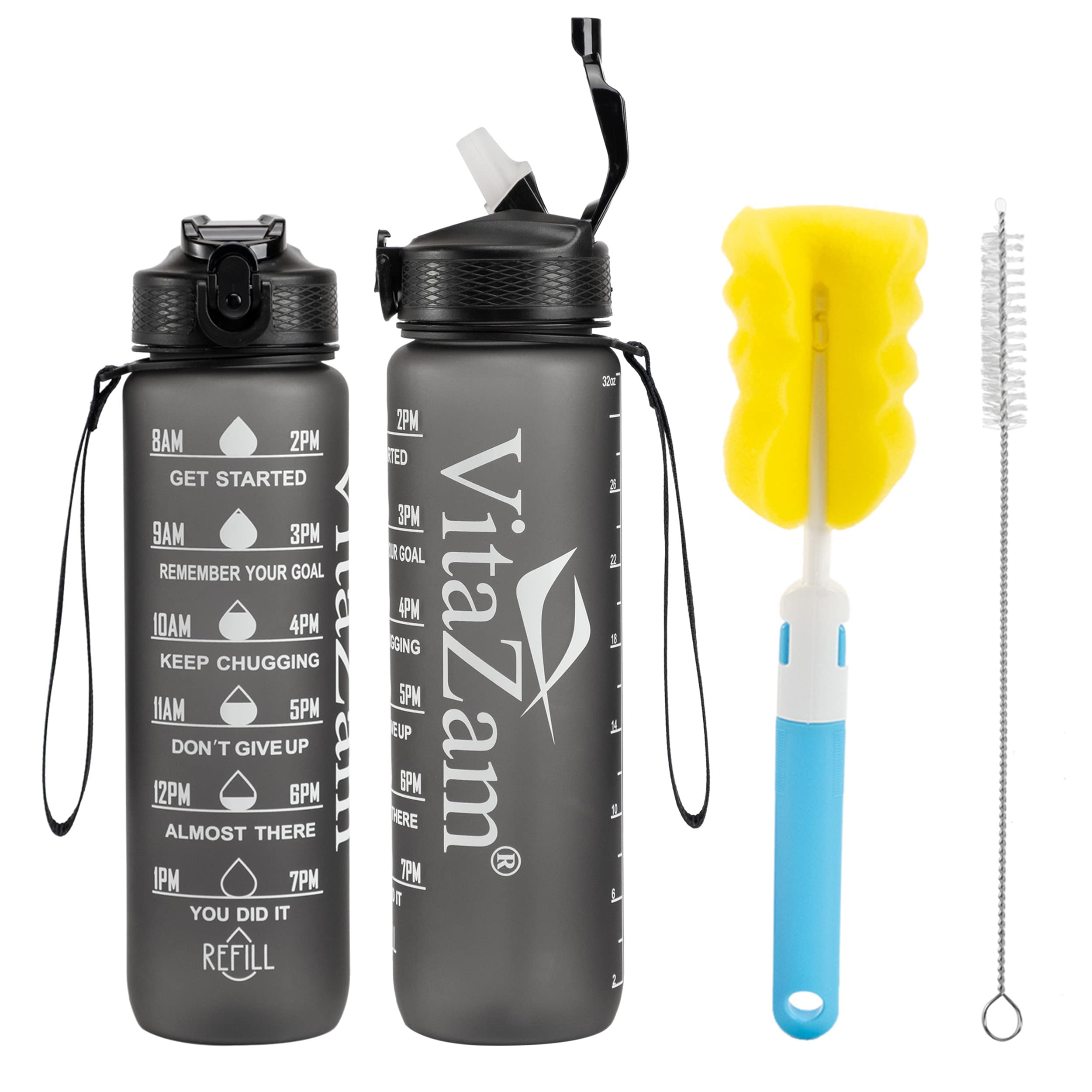 VitaZam New 1 Litre Water Bottle, Motivational Water Bottle with Time Markings, BPA Free, Leak Proof Lock Cover and Bottle Brush, Bottle for Gym, School/Office, Sports and Outdoor (with straw, Grey)