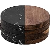 Marble Coasters: 4-Piece Set of Acacia Wood Marble Coasters, Suitable for Kitchens, Offices, and can be Used as Gifts (Black Round)