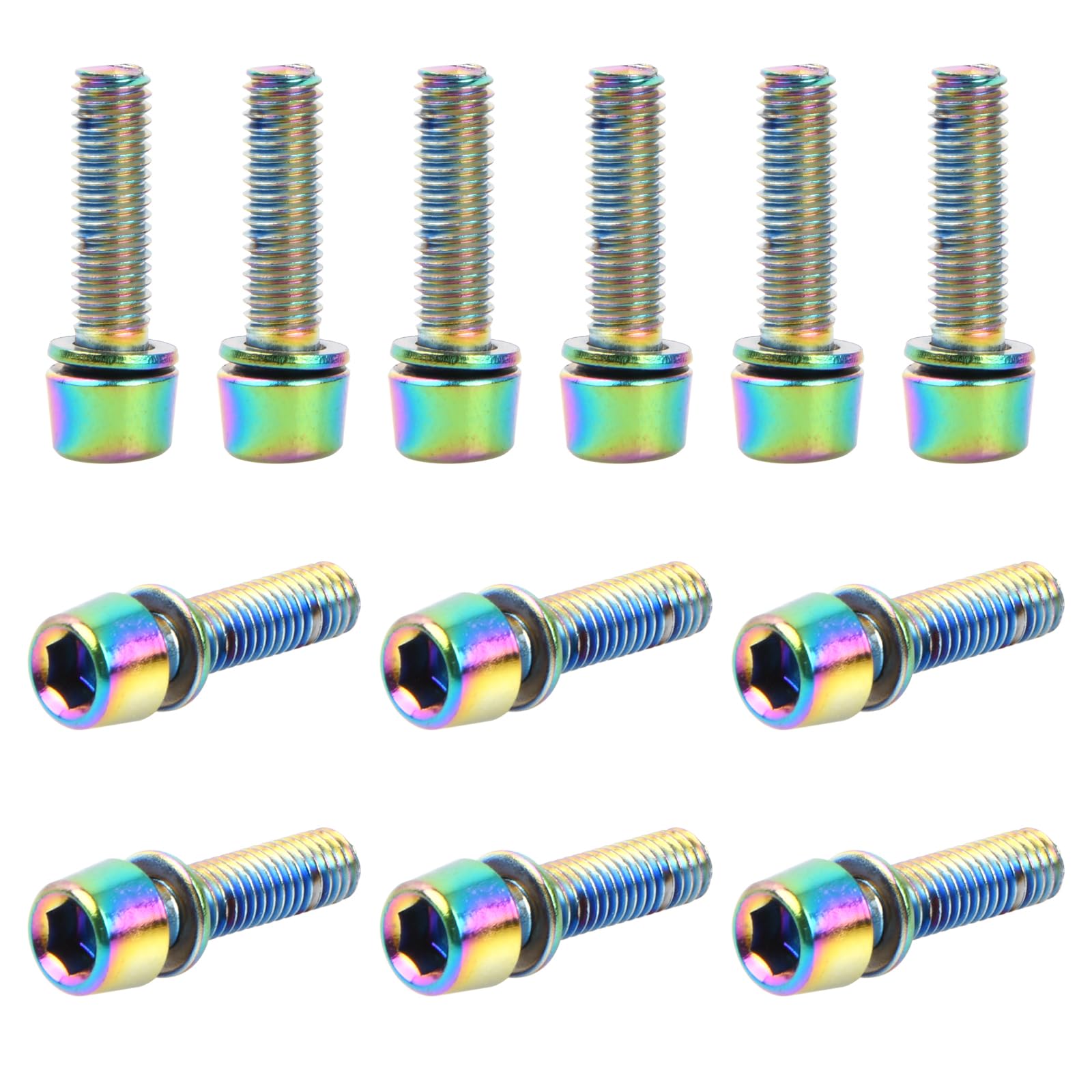 12 Pcs Bicycle Stem Bolts, M5x18mm Bike Stem Fixed Screws Stem Bolts with Washers, 6 Colors Handlebar Stem Screws, Stainless Steel Bike Disc Brake Caliper Bolts for Road Mountain Bicycle (Multicolor)