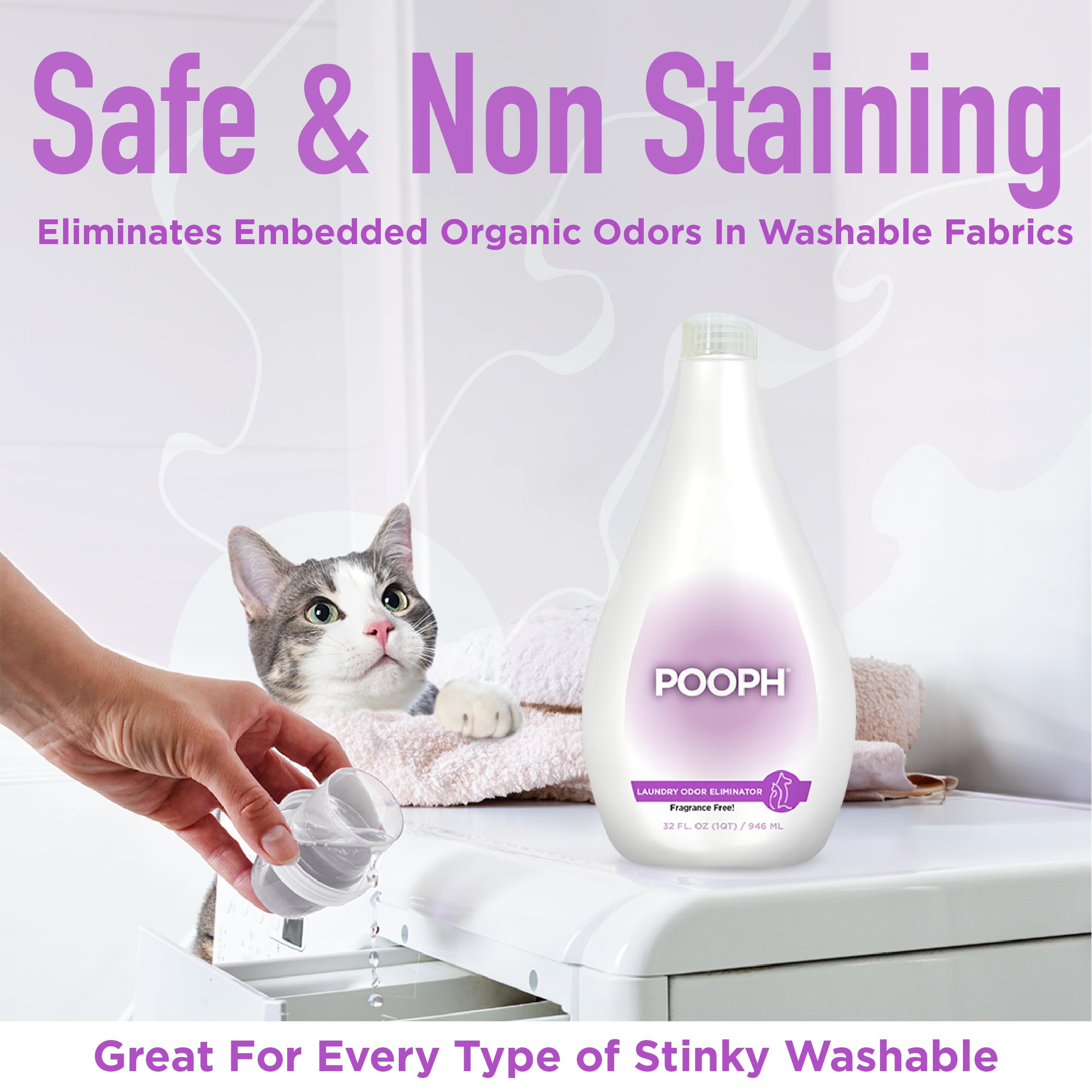 POOPH® Laundry Odor Eliminator, 32oz (16 Loads) – Fragrance-Free, Safe for Pets & People, No Harsh Chemicals, Eliminates Tough Organic Odors from Urine, Vomit, Sweat, Food, & More in Washable Fabrics