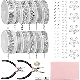 Fesorsi Silver Chain for Jewelry Making, 95ft 12 Style Steel Jewelry Chain, Electroplating Process, for DIY Necklace Chains, Tassel Pendants, with Jump Ring, Lobster Clasp, Pliers