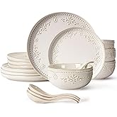 Artena Plates And Bowls Sets, 16 Pieces Dinnerware Sets, Dish Set For 4, Ceramic Kitchen Bowl And Plate Set, Embossed White Dishware Sets, Dishwasher & Microwave Safe (Damask Floral)