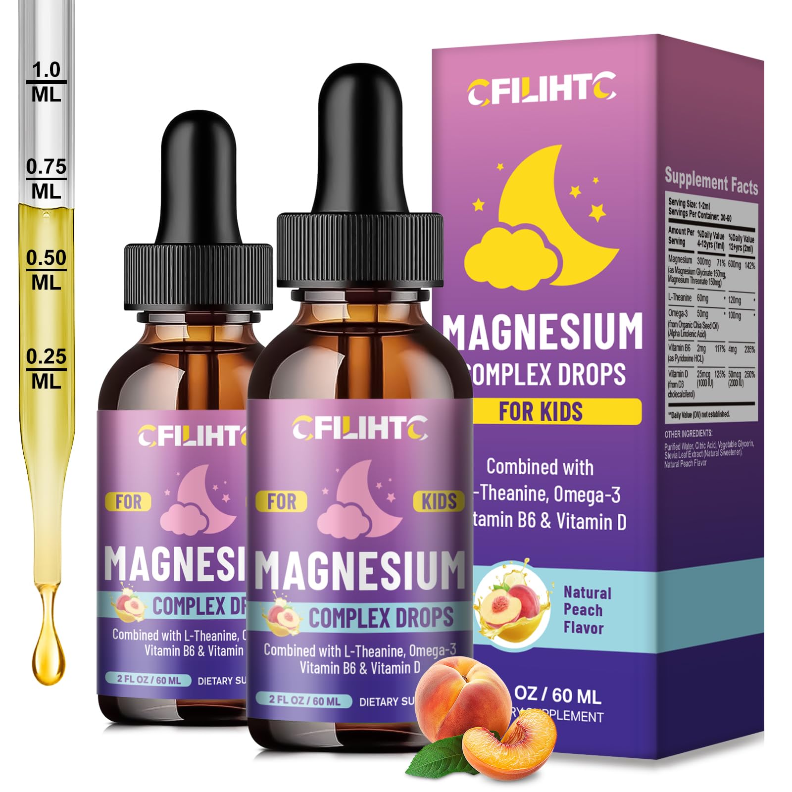 Kids Magnesium Liquid Drops-Magnesium Glycinate Liquid for Kids Supplement-w/L-theanine, Omega-3, Vitamin B6, D3 - for Sleep, Relaxation, Brain, Bones - Peach Flavor, 4 Fl Oz Image