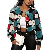 Flygo Women's Cropped Floral Print Bomber Jacket Warm Fleece Varsity Jacket Casual Button Down Puff Sleeve Coat Outerwear
