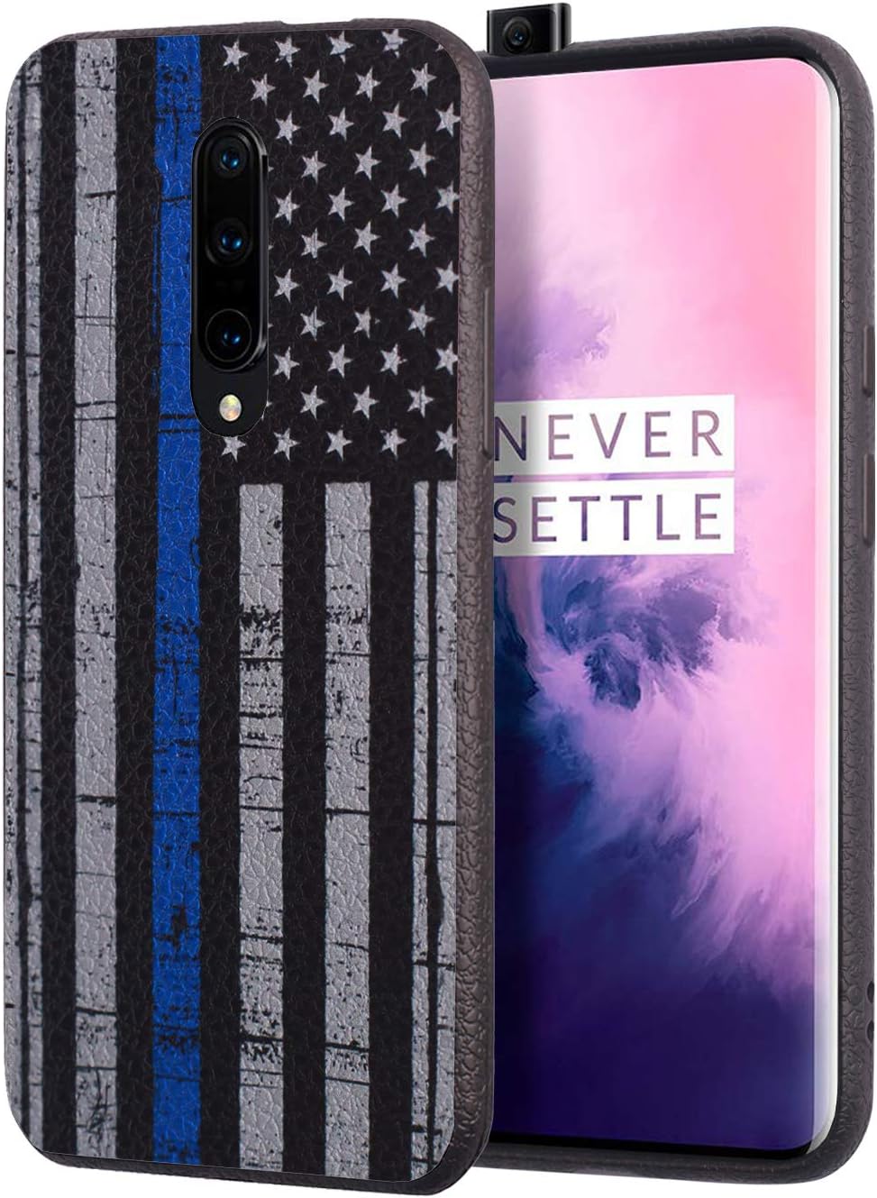 OnePlus 7 Pro Case, BWOOLL Slim Anti-Scratch Shockproof Leather Grain TPU Rubber Protective Cover for OnePlus 7 Pro (2019) - Thin Blue Line American Flag