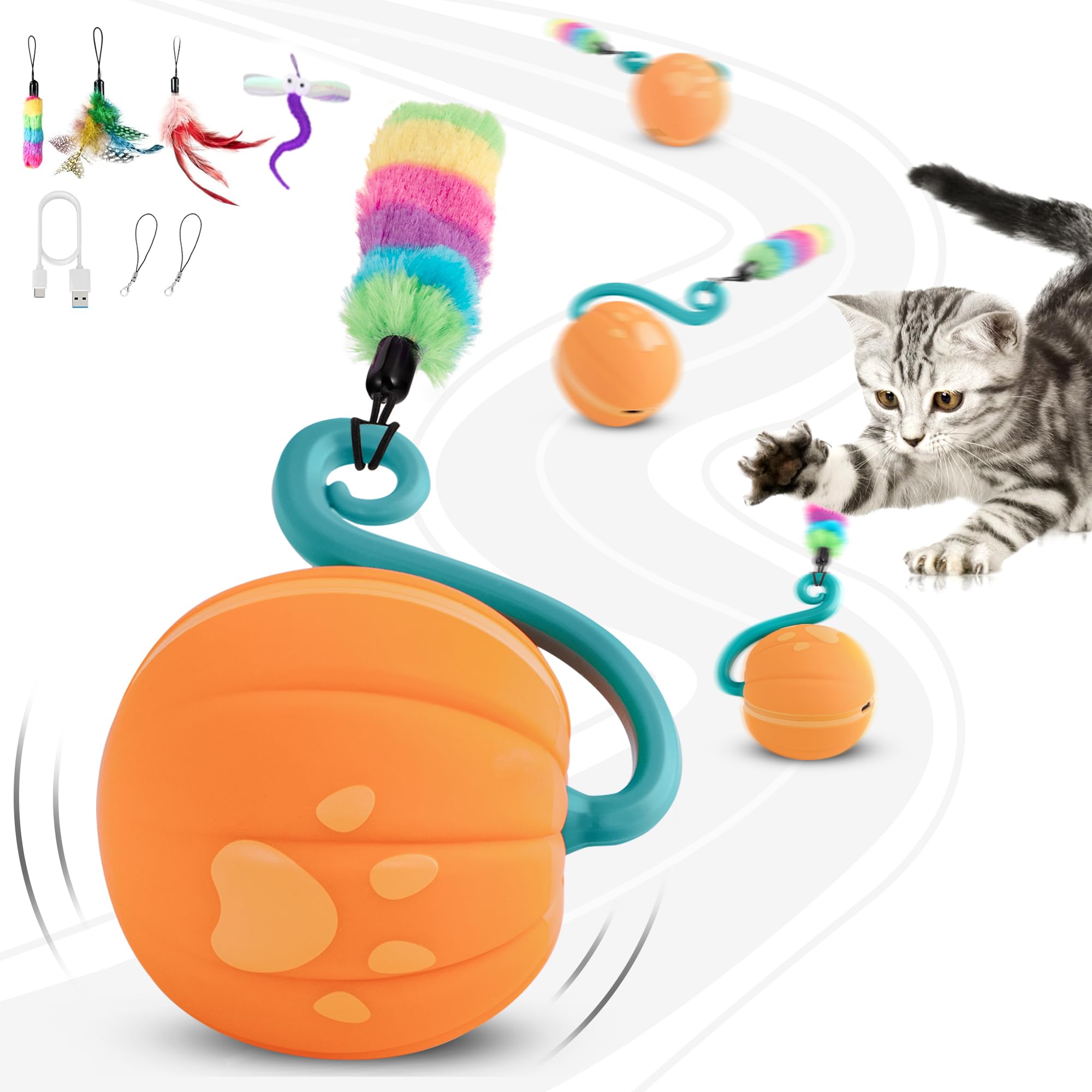 haheita Interactive Cat Ball Toy for Bored Indoor Kitten, Automatic Moving Cat Ball with 4 Feather & LED Flash Lights, Smart Sound and Touch Control, USB-C Rechargeable