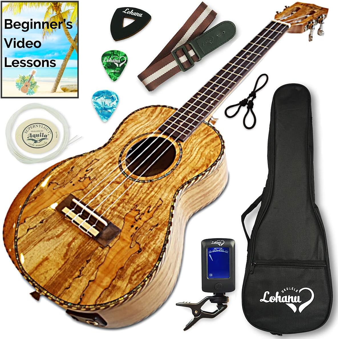 Ukulele From Lohanu Amazing Looking Spalted Maple With Armrest Glossy Finish With 3 Band EQ & Pickup With All Accessories Included! (Tenor Size)