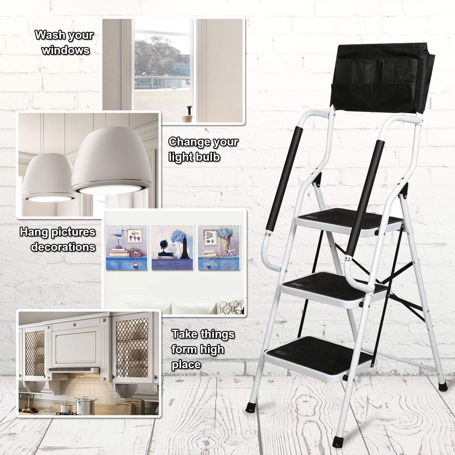 charaHOME 3 Step Ladder Step Stool 500 lb Capacity Folding Portable Ladder Steel Frame with Safety Side Handrails Non-Slip Wide Pedal Kitchen and Home Stepladder with Attachable Tool Bag - - 