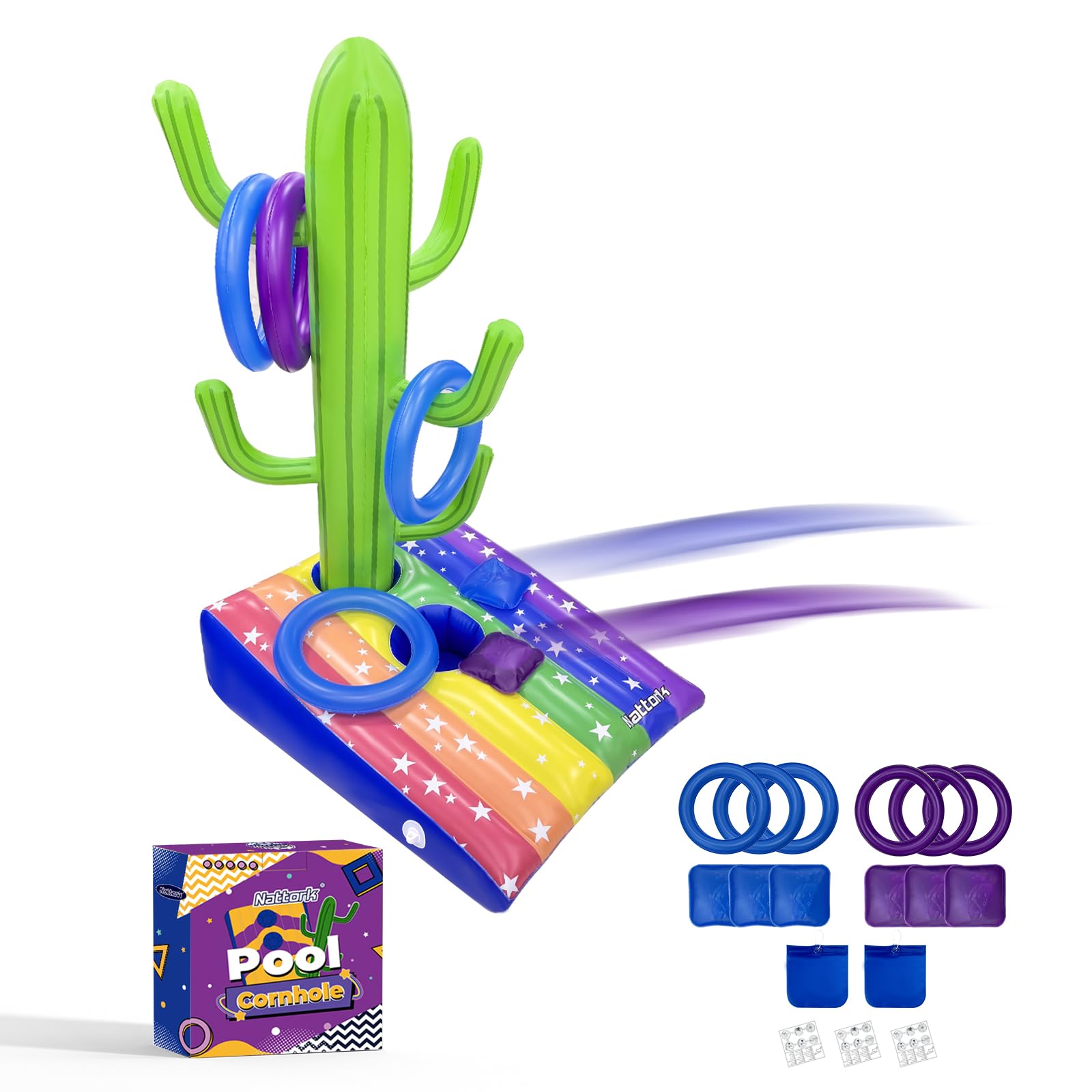 Photo 1 of Nattork Pool Games- Pool Cornhole & Ring Toss Games 2in1 for Adult and Family- 6 Bean Bags with Anchor Bags for Poolside & Backyard- Inflatable Portable Summer Party Swim Ring Game- Rainbow