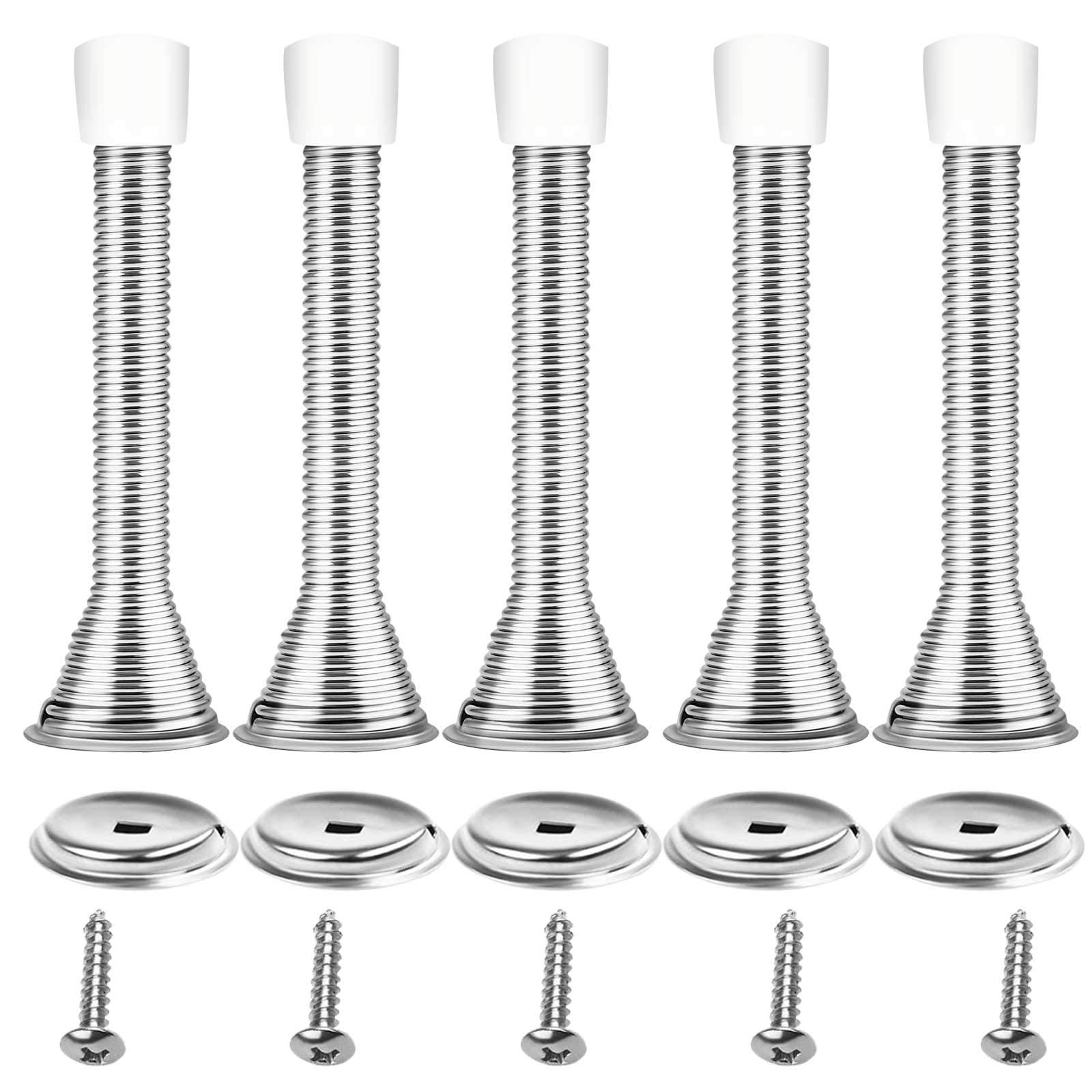 5 Pcs Spring Door Stops Wall Mounted Doorstop Metal Door Stoppers Long Silver Door Stops Chrome Door Stop Stainless Steel Rubber Door Stopper Indoor Outdoor Doorstops with Screws for Skirtings Walls