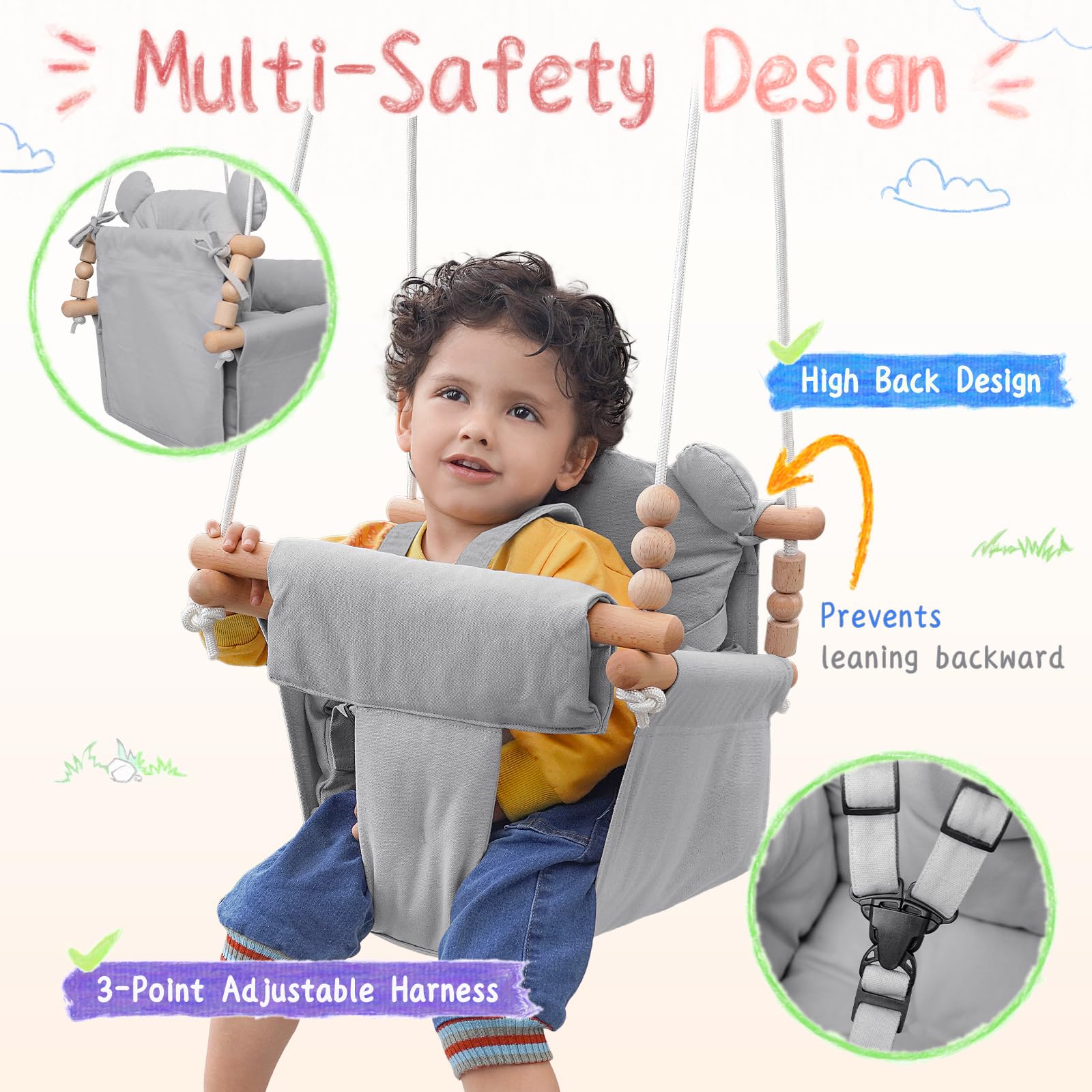 Baby Swing Indoor Outdoor,Secure Canvas Wooden Toddler Swing Seat, 3-Point Adjustable Safety Harness,Mounting Hardware Included,Gift for Boys and Girls, Grey