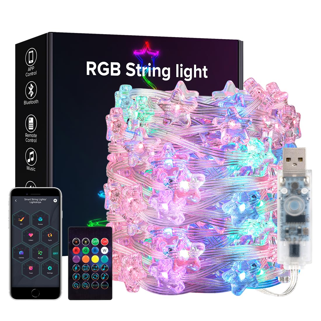 BTF-LIGHTING RGB IC Intelligent String Lights 10M 66LEDs Transparent Cable Transparent Star USB LED Light IP65 Waterproof with IR Remote Control Music Mode Timer Tracking Effect for Home Decoration