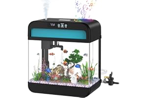 WILODY Fish Tank Aquarium 2.2 Gallon Fish Bowl with Music Humidifier 7 Color Auto-Looping Light Adjustable Pump with Filtration & Aeration & Circulation, Temperature Display, Bottom Water Changer