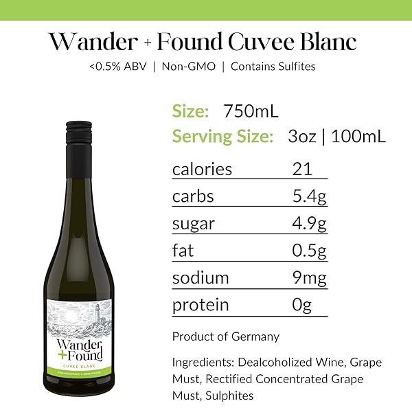 WANDER + FOUND NON-ALCOHOLIC WINE, CUVEE BLANC, AWARD WINNING WHITE WINE FROM GERMANY, NON-GMO DEALCOHOLIZED WINE, 750 ML (1 BOTTLE)