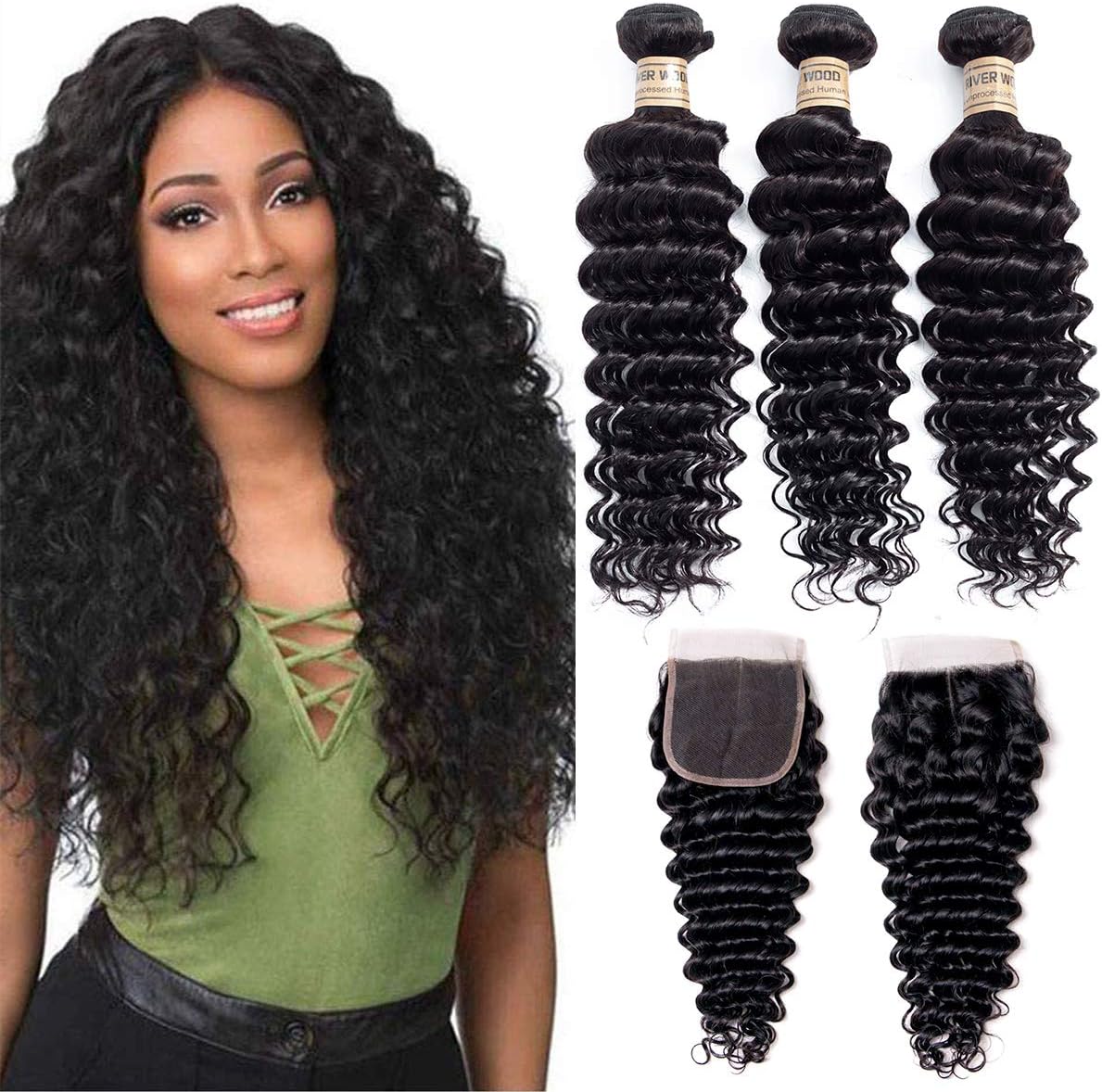 Deep Wave Human Hair Bundles with Closure Malaysian Deep Curly Real Human Hair Bundles with Lace Closure 4x4 Free Part Unprocessed 100% Virgin Human Hair Weave Natural Color (12 14 16 +10 Inch)