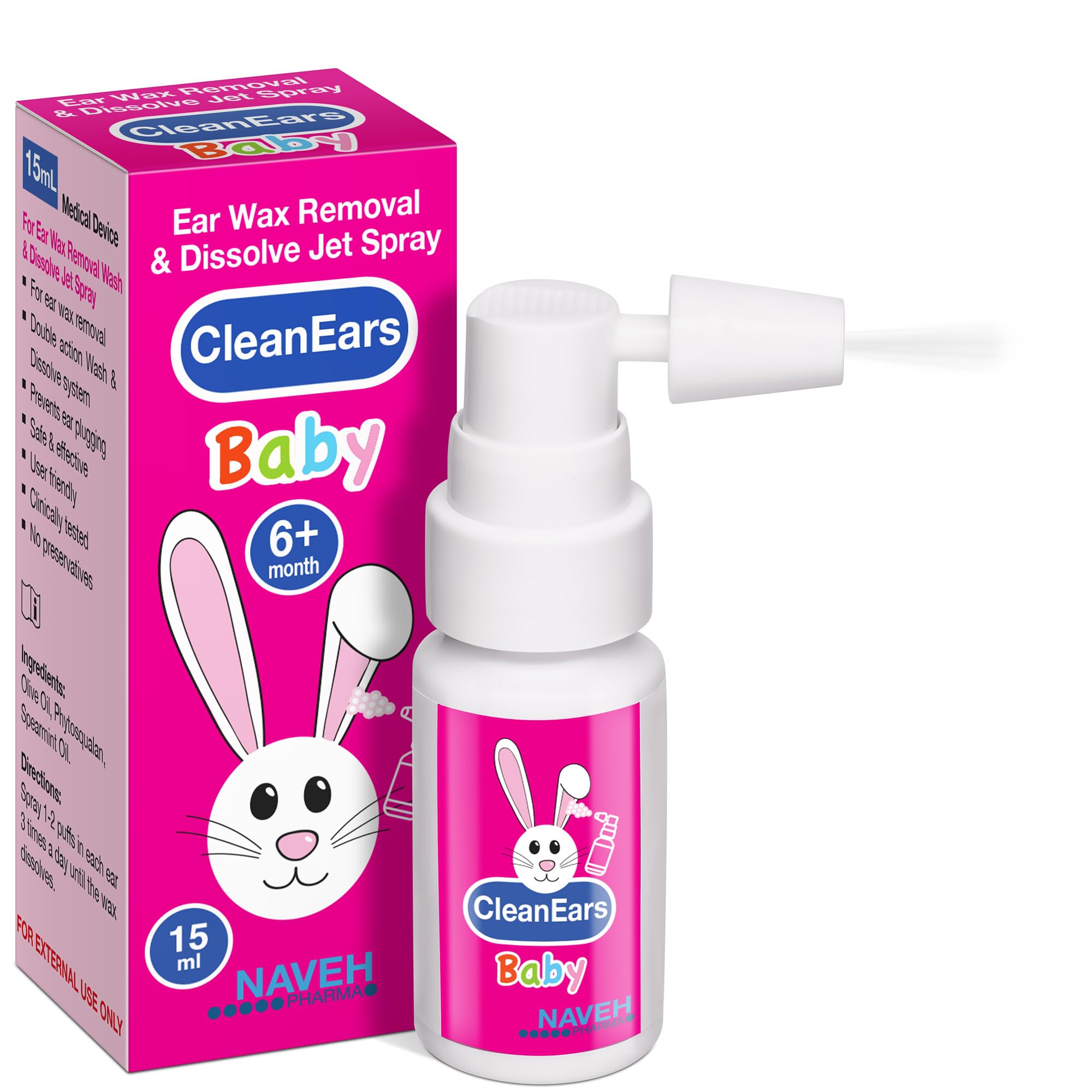 NAVEH PHARMA® CleanEars Baby | Fast-Acting Ear Wax Removal Spary | Breaks Down & Dissolves Earwax in Just 1 Treatment | Clinically Proven to Be 300% More Effective W/Mineral Oil | Gentle&Safe | 15ML