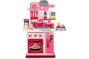 ZADDGIUUY Kids Kitchen Playset-53pcs Cooking Stove,Paly Sink,Oven,Kitchen Toys with Realistic Lights&Sounds，Pretend Play Toys,Kitchen Toys for Toddlers 1 2 3 (Pink)