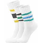 Acomono Retro Striped Slouchy Crew Socks for Men & Women 3 Pairs Cotton Athletic Tube Cushioned Calf Tennis Socks Size 5–11