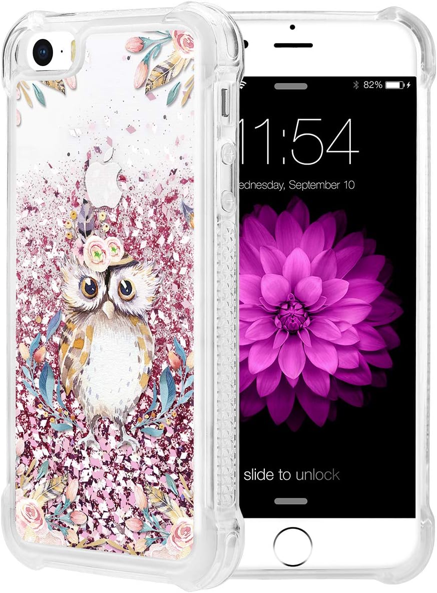 Caka iPhone 5 5S SE Case, iPhone SE Floral Glitter Case Luxury Fashion Bling Flowing Liquid Floating Sparkle Glitter Soft TPU Case for iPhone 5 5S SE 2016 (Owl)